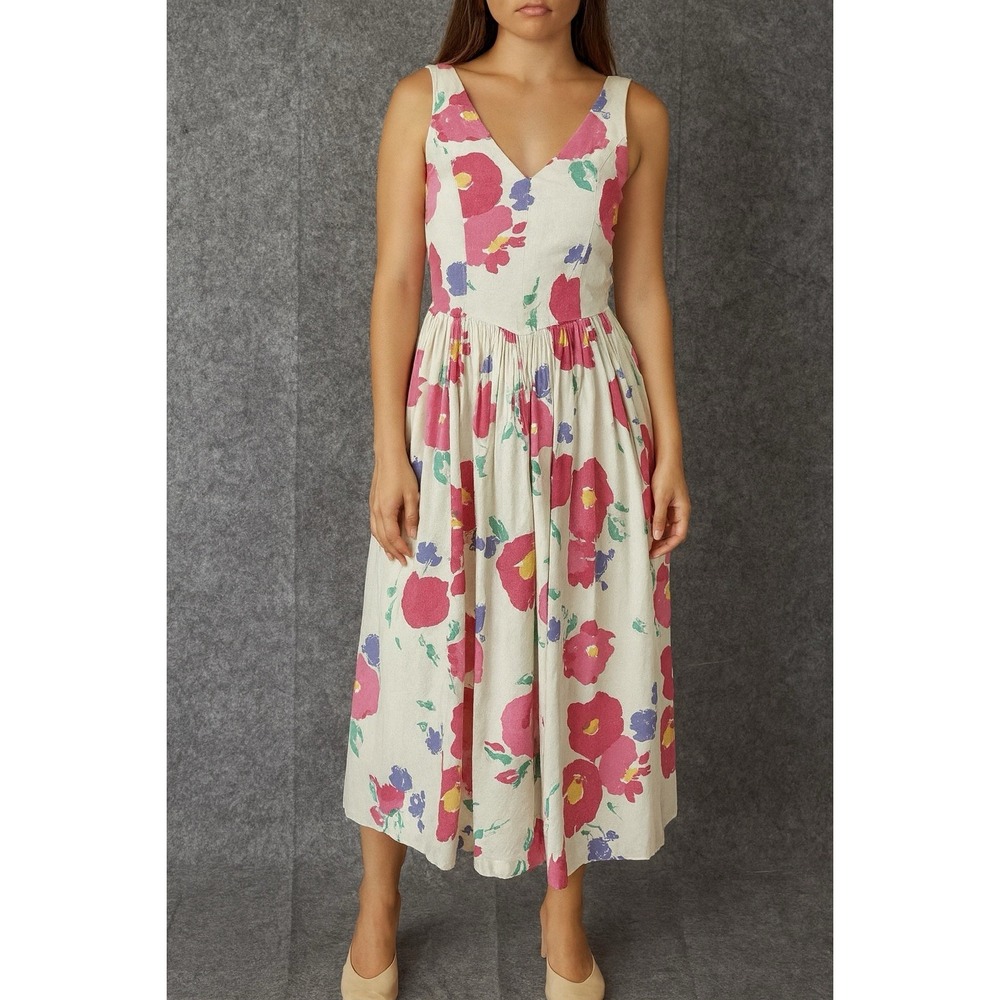 Vintage Laura Ashley Floral Midi Dress Pink Poppy V-Neck Made in UK Size 14